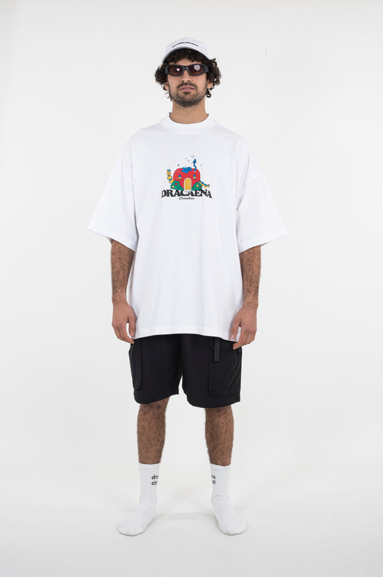 An oversized white T-shirt with a strawberry print