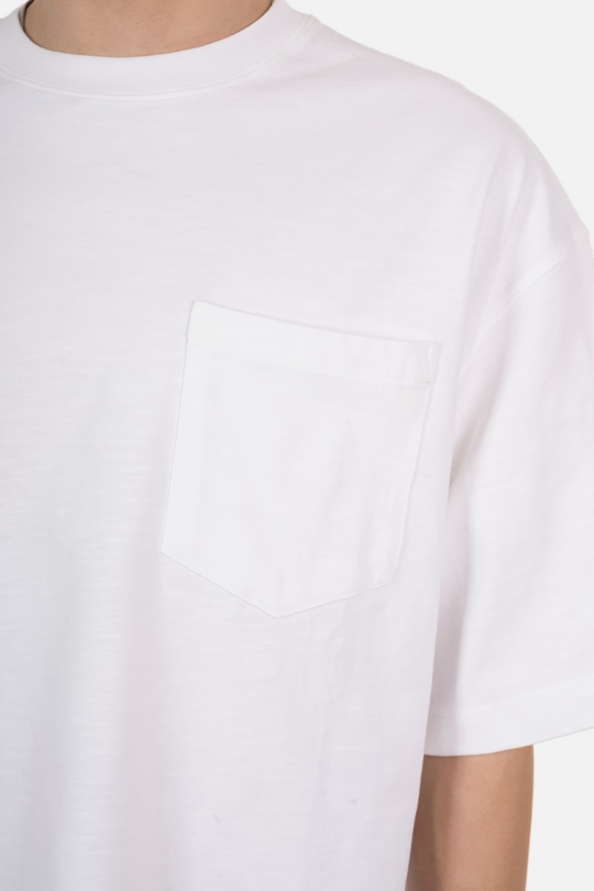 An oversized white T-shirt with a pocket design