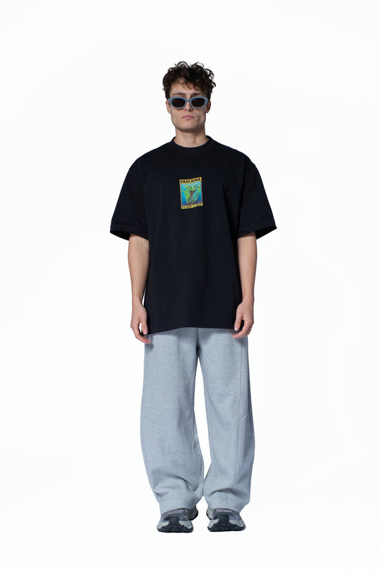 Black T-Shirt with Front Graphic & Gray Cotton Pants Set